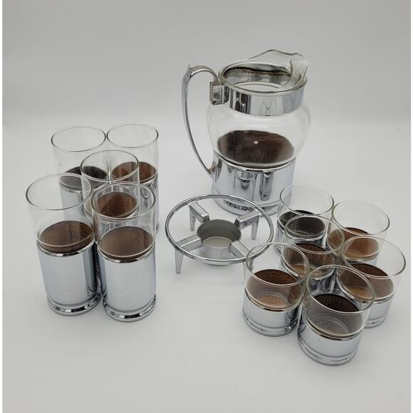 1950s Mid Century Modern Insulated Chrome Hellerware Pitcher & Glass Set MCM - Picture 5 of 16